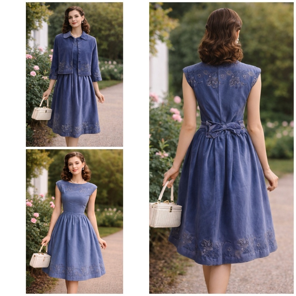 SET Vintage Handmade Velvet Crush Blue Floral Painted Print Jacket & Dress Set